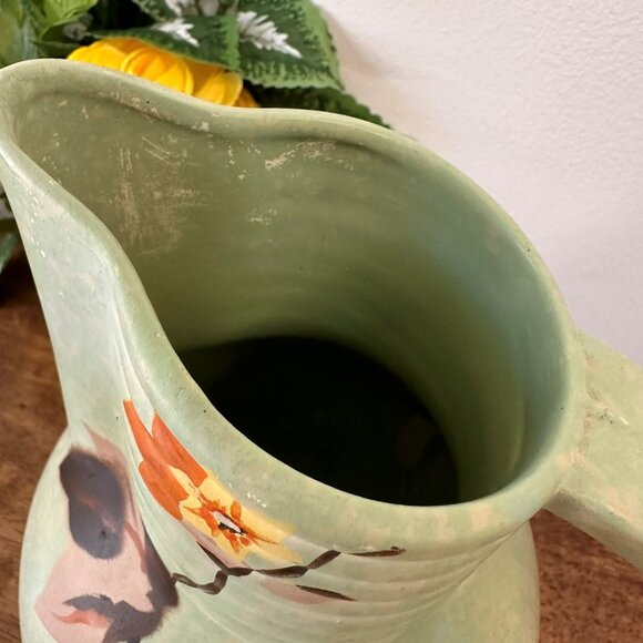 Vintage Denham England Pottery Pitcher Green Floral Hand Painted 1930s Matte - Picture 6 of 9
